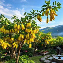 A serene and lush garden filled with various Buddha's hand fruit trees, showcasing their unique finger-like shape