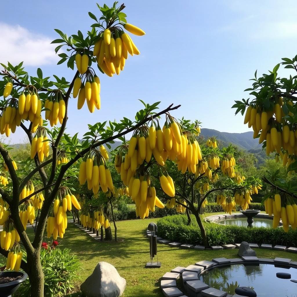 A serene and lush garden filled with various Buddha's hand fruit trees, showcasing their unique finger-like shape