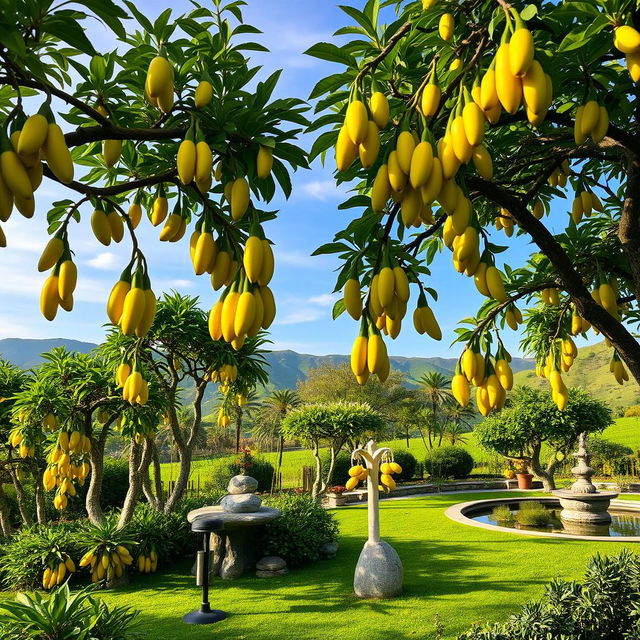 A serene and lush garden filled with various Buddha's hand fruit trees, showcasing their unique finger-like shape