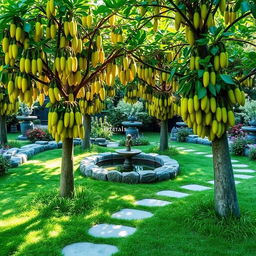 A serene garden filled with lush Buddha's hand fruit trees, showcasing their distinctive finger-like shape