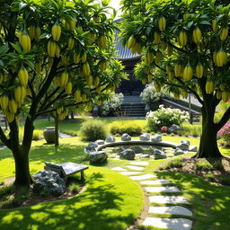 A serene garden filled with lush Buddha's hand fruit trees, showcasing their distinctive finger-like shape
