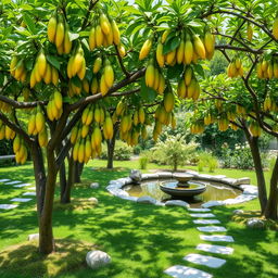 A serene garden filled with lush Buddha's hand fruit trees, showcasing their distinctive finger-like shape