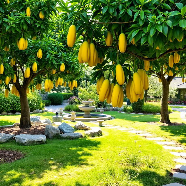 A serene garden filled with lush Buddha's hand fruit trees, showcasing their distinctive finger-like shape