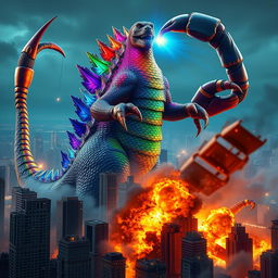 A colorful hybrid creature, half Godzilla and half massive scorpion, towers over a city of skyscrapers