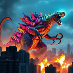 A colorful hybrid creature, half Godzilla and half massive scorpion, towers over a city of skyscrapers