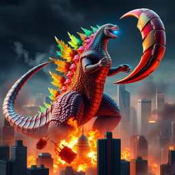 A colorful hybrid creature, half Godzilla and half massive scorpion, towers over a city of skyscrapers