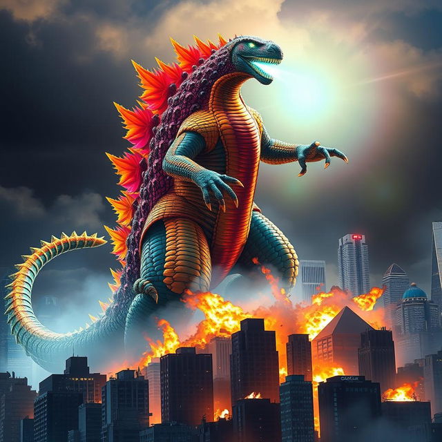 A colorful hybrid creature, half Godzilla and half massive scorpion, towers over a city of skyscrapers