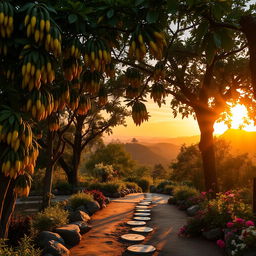 A picturesque Buddha's hand fruit garden illuminated by the warm hues of a sunrise