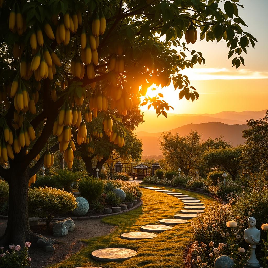 A picturesque Buddha's hand fruit garden illuminated by the warm hues of a sunrise