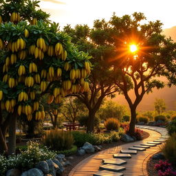 A picturesque Buddha's hand fruit garden illuminated by the warm hues of a sunrise