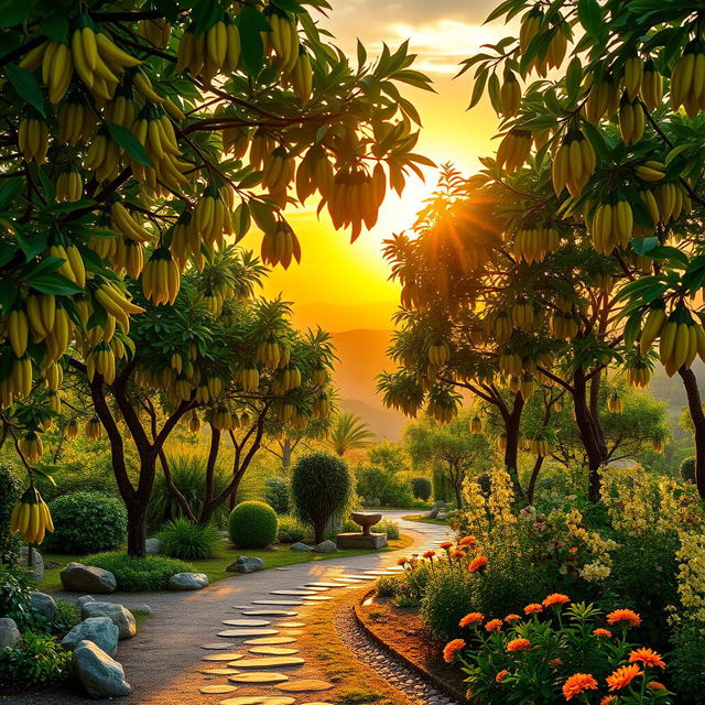 A picturesque Buddha's hand fruit garden illuminated by the warm hues of a sunrise