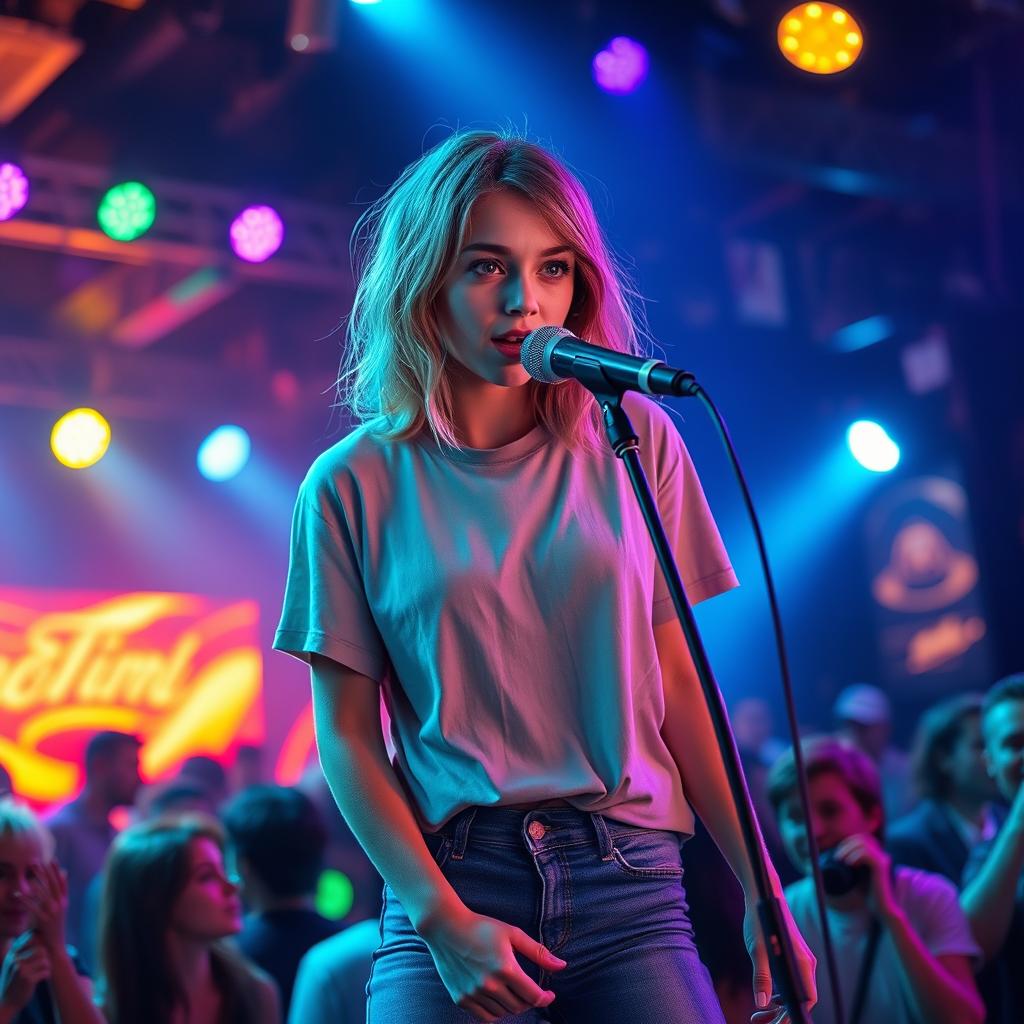 A 20-year-old girl with medium-length, disheveled mousy blond hair and striking green eyes, wearing light makeup and a loose T-shirt paired with tight blue jeans