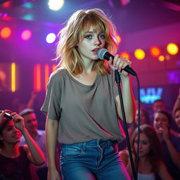 A 20-year-old girl with medium-length, disheveled mousy blond hair and striking green eyes, wearing light makeup and a loose T-shirt paired with tight blue jeans