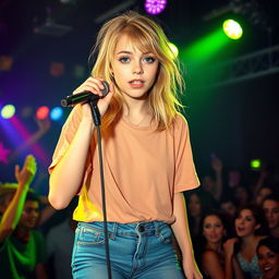 A 20-year-old girl with medium-length, disheveled mousy blond hair and striking green eyes, wearing light makeup and a loose T-shirt paired with tight blue jeans