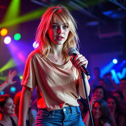A 20-year-old girl with medium-length, disheveled mousy blond hair and striking green eyes, wearing light makeup and a loose T-shirt paired with tight blue jeans