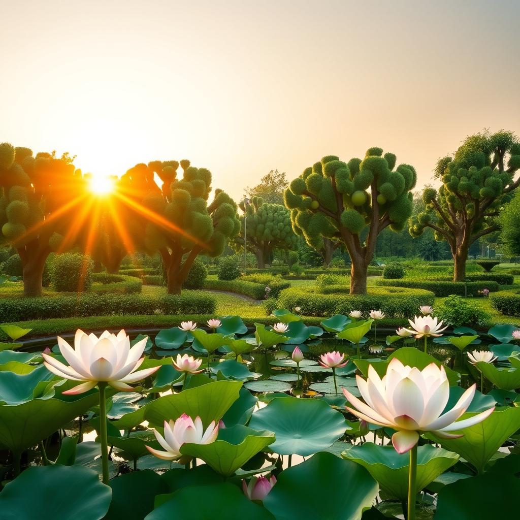 A serene garden showcasing Buddha's hand fruit trees, illuminated by the soft, warm glow of a vibrant sunrise