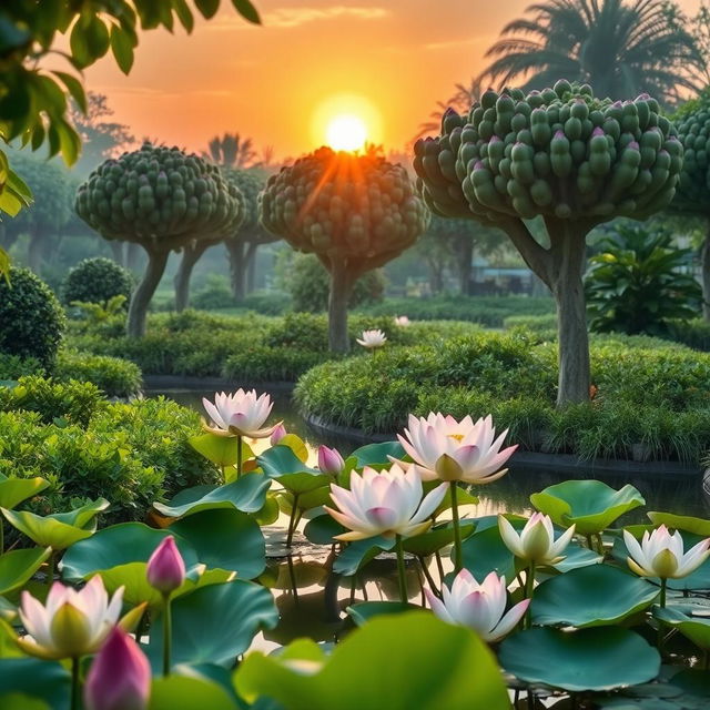 A serene garden showcasing Buddha's hand fruit trees, illuminated by the soft, warm glow of a vibrant sunrise