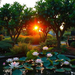 A serene garden showcasing Buddha's hand fruit trees, illuminated by the soft, warm glow of a vibrant sunrise