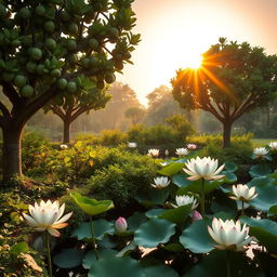 A serene garden showcasing Buddha's hand fruit trees, illuminated by the soft, warm glow of a vibrant sunrise