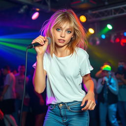 A 20-year-old girl with medium-length, disheveled mousy blond hair and captivating green eyes, sporting light makeup