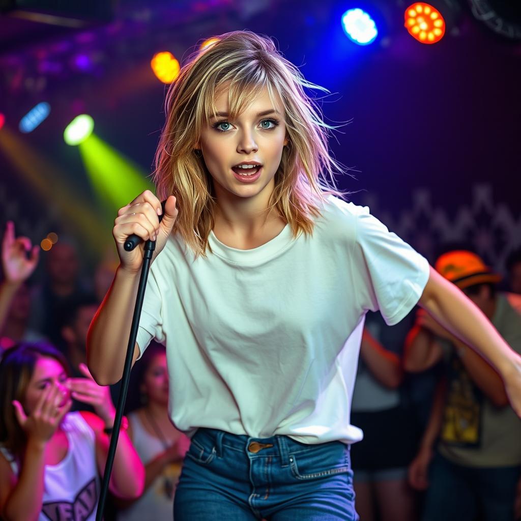 A 20-year-old girl with medium-length, disheveled mousy blond hair and captivating green eyes, sporting light makeup