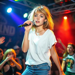 A 20-year-old girl with medium-length, disheveled mousy blond hair and captivating green eyes, sporting light makeup