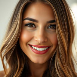 A close-up portrait of a woman with striking features similar to Madison's, showcasing long flowing hair with gentle waves, and bright, expressive eyes