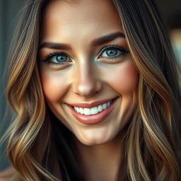 A close-up portrait of a woman with striking features similar to Madison's, showcasing long flowing hair with gentle waves, and bright, expressive eyes