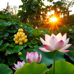 A serene garden featuring Buddha's hand fruit (citrus medica var