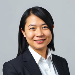 A formal passport photo featuring an adult individual with straight black hair styled neatly, wearing a dark suit and a white dress shirt