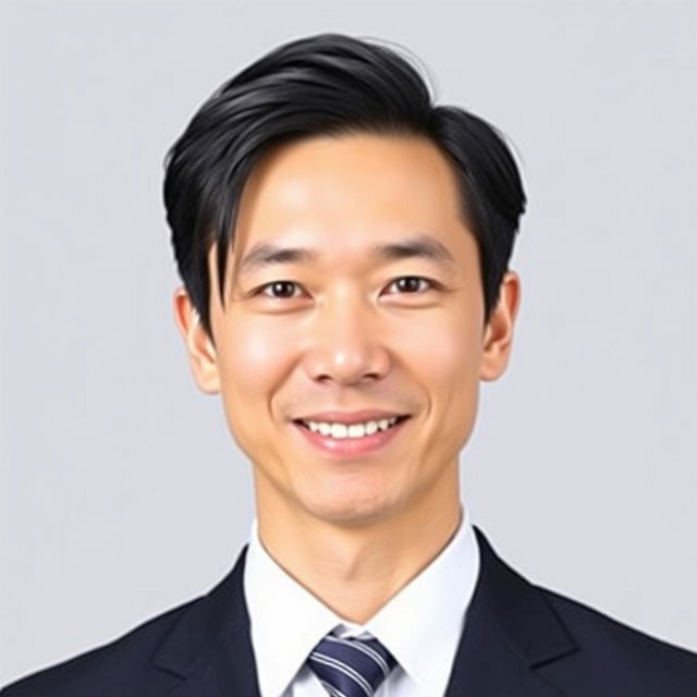 A formal passport photo featuring an adult individual with straight black hair styled neatly, wearing a dark suit and a white dress shirt