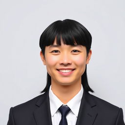 A formal passport photo featuring an adult individual with straight black hair styled neatly, wearing a dark suit and a white dress shirt