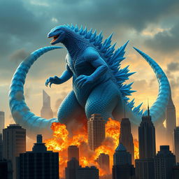 A blue hybrid Godzilla, featuring striking shades of azure and cerulean scales, towers menacingly over a city of skyscrapers