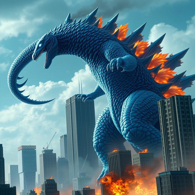 A blue hybrid Godzilla, featuring striking shades of azure and cerulean scales, towers menacingly over a city of skyscrapers