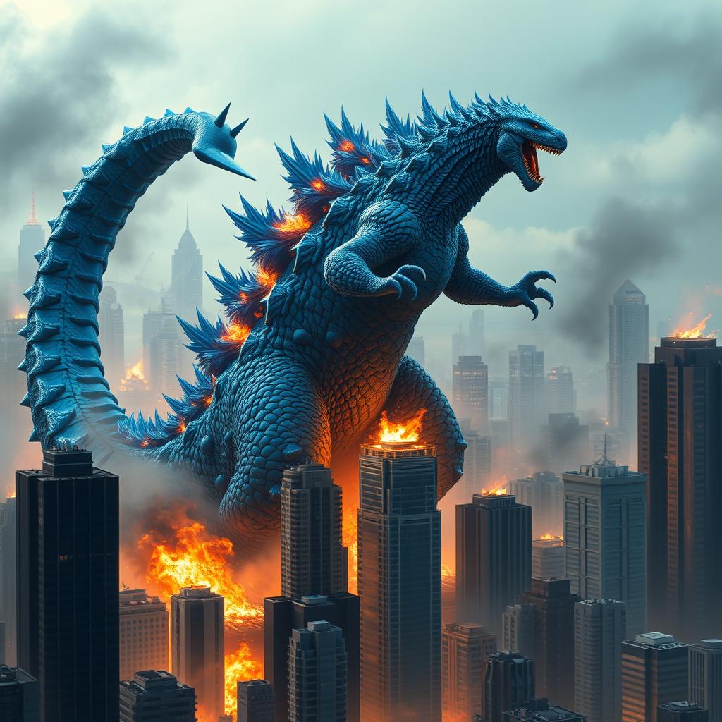 A blue hybrid Godzilla, featuring striking shades of azure and cerulean scales, towers menacingly over a city of skyscrapers