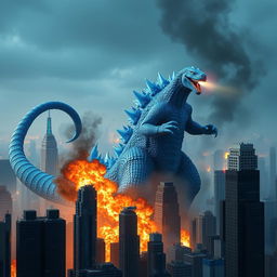 A blue hybrid Godzilla, featuring striking shades of azure and cerulean scales, towers menacingly over a city of skyscrapers