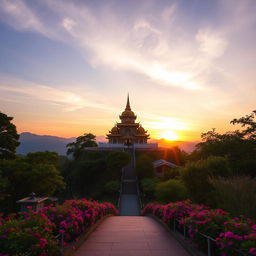 A breathtaking sunrise scene at a traditional Buddha temple perched on a majestic mountain