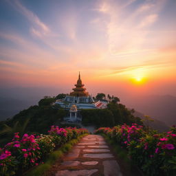 A breathtaking sunrise scene at a traditional Buddha temple perched on a majestic mountain
