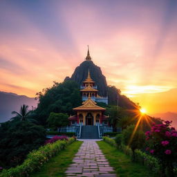 A breathtaking sunrise scene at a traditional Buddha temple perched on a majestic mountain