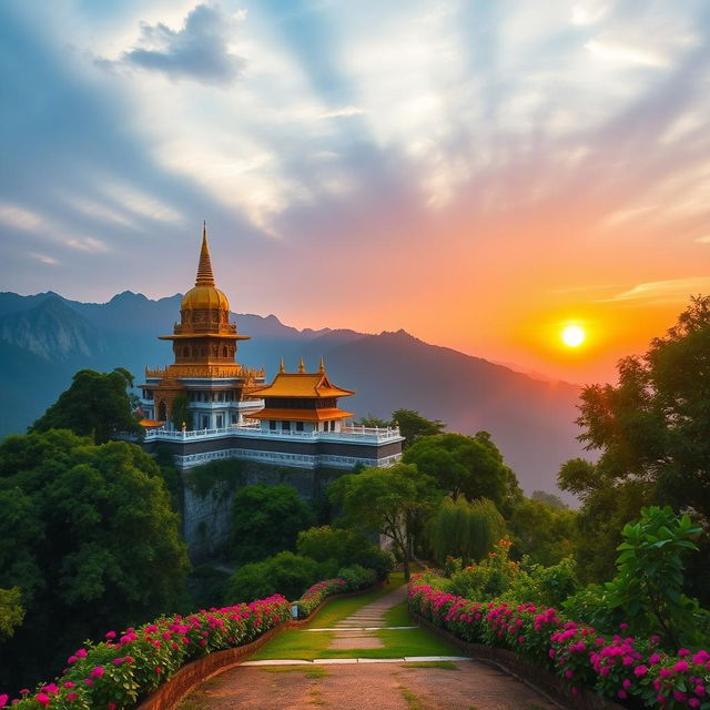 A breathtaking sunrise scene at a traditional Buddha temple perched on a majestic mountain