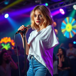 A 27-year-old girl with medium-length, disheveled mousy blond hair and vibrant green eyes, featuring light makeup and a medium build