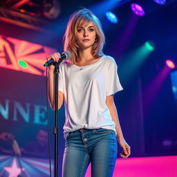 A 27-year-old girl with medium-length, disheveled mousy blond hair and vibrant green eyes, featuring light makeup and a medium build