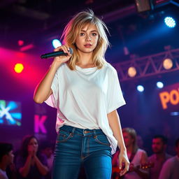 A 27-year-old girl with medium-length, disheveled mousy blond hair and vibrant green eyes, featuring light makeup and a medium build