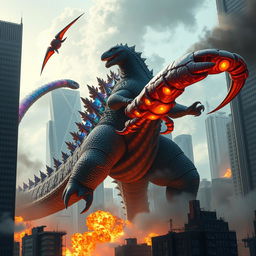 A hybrid Godzilla features a massive, colorful scorpion tail that menacingly swipes through towering skyscrapers