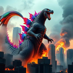 A hybrid Godzilla features a massive, colorful scorpion tail that menacingly swipes through towering skyscrapers