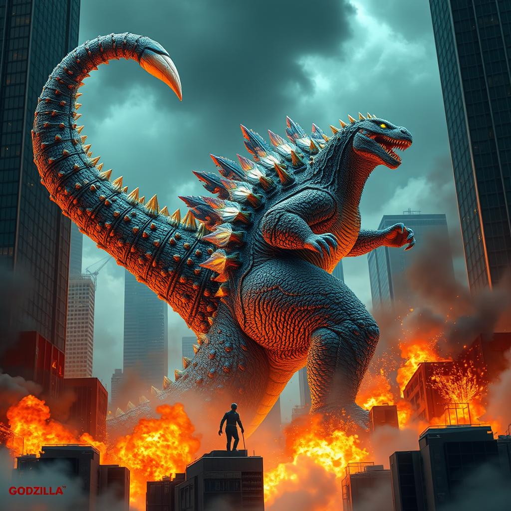 A hybrid Godzilla features a massive, colorful scorpion tail that menacingly swipes through towering skyscrapers