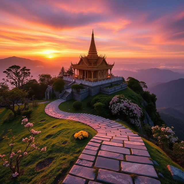 A stunning sunrise at a Buddha temple situated atop a serene mountain