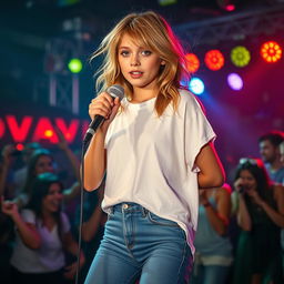 A 27-year-old girl with medium-length, disheveled mousy blond hair and striking green eyes, featuring light makeup and a medium build