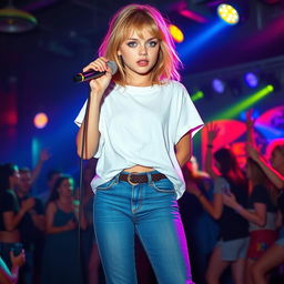 A 27-year-old girl with medium-length, disheveled mousy blond hair and striking green eyes, featuring light makeup and a medium build