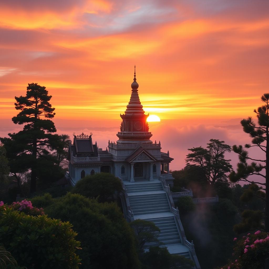 An ethereal sunrise at a Buddha temple located on a serene mountain peak